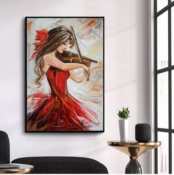 A GIRL IN RED DRESS PLAYING  VIOLIN OIL PAINTING  REPRINT ON FRAMED CANVAS  ART 