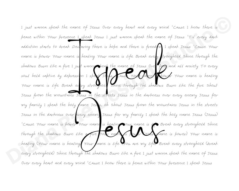 I Speak Jesus, Full Worship Lyrics, Printable Art, 8 X 10 Digital