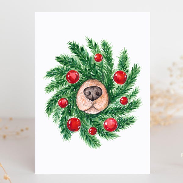 Dog Nose Christmas Card: Peace, Joy & Wags - Watercolor Wreath