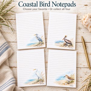 May include: Four rectangular white lined notepads featuring coastal bird illustrations. The text Coastal Bird Notepads Choose your favorite • Or collect all four is printed at the top. Each notepad displays a different bird: a Great Blue Heron, a Brown Pelican, a Great Egret, and a Sandpiper.