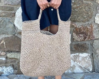 Natural fiber tote Crochet raffia bag Handmade beach handbag
