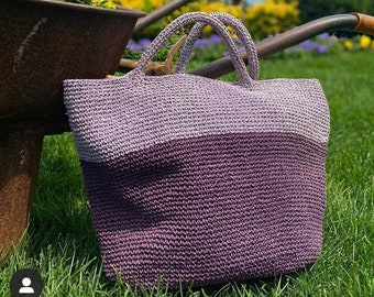 Large raffia bag Lilac tote Color block handbag Handmade paper yarn crochet bag
