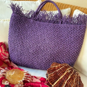 Fringe raffia bag Crochet lilac tote Purple beach bag