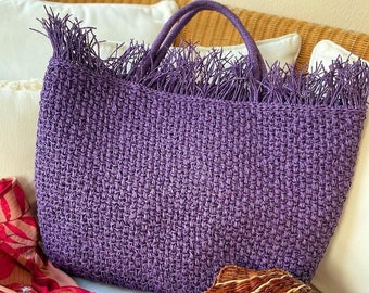 Fringe raffia bag Crochet lilac tote Purple beach bag