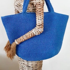 Crochet raffia bag, Raffia beach tote, Handmade royal blue handbag
