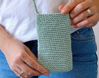 Mint green phone case Crochet cross body purse Small raffia bag for summer Mini crossbody pouch