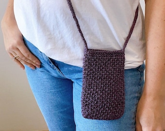 Crochet raffia crossbody Small straw phone bag Handmade iphone case Purple mini purse