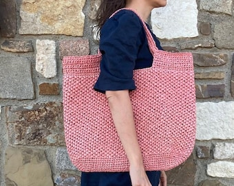 Natural raffia bag Pink crochet tote Handmade woven raffia handbag