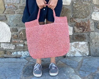 Pink raffia bag Natural fiber tote Woven raffia handbag Handmade crochet tote