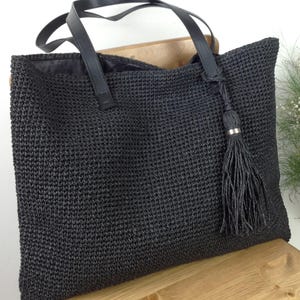 Black raffia bag with leather handles Handmade crochet raffia tote Summer gift for women