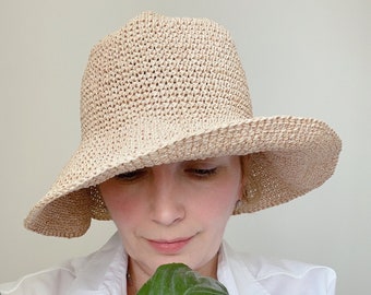 Breite Krempe Bast Hut Floppy Fischerhut Häkeln Sonne Panama für Frauen