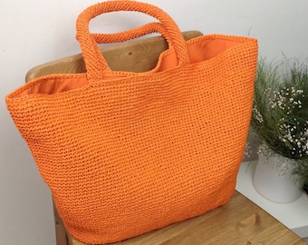 Orange raffıa tote bag Crochet beach bag