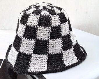 Checkered crochet bucket hat Raffia sun hat Summer straw panama Trendy knit fashion accessories 2022