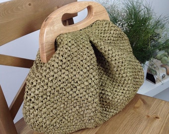 Large cloud clutch bag with wooden handle Handmade oversized clutch purse Natural fiber bag Vintage style gift for wife