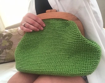 Large kiss lock bag Raffia clutch Lime green handbag Crochet vintage style purse