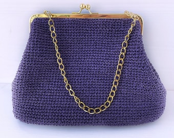 Crochet raffia clutch bag Large kiss lock handbag Violet clutch purse