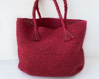 Red raffia bag Crochet tote bag Handmade handbag