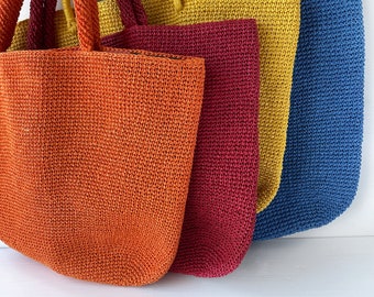 Bright colored tote bag Crochet shopper Raffia market tote handbag