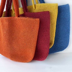 Bright colored tote bag Crochet shopper Raffia market tote handbag image 1