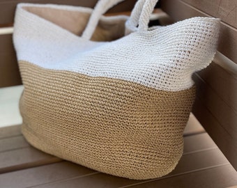 Color block tote Raffia bag for women White and straw purse for summer, beach, shopping