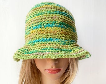 Neon green crochet bucket hat Knit cotton sun hat Summer panama for women Trendy fashion accessories 2022