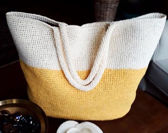 Crochet color block tote Raffia handbag Paper rope yarn bag White and yellow colorblock