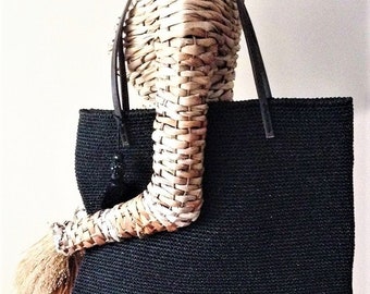 Large raffia bag with leather strap Black raffia tote Handmade paper rope bag