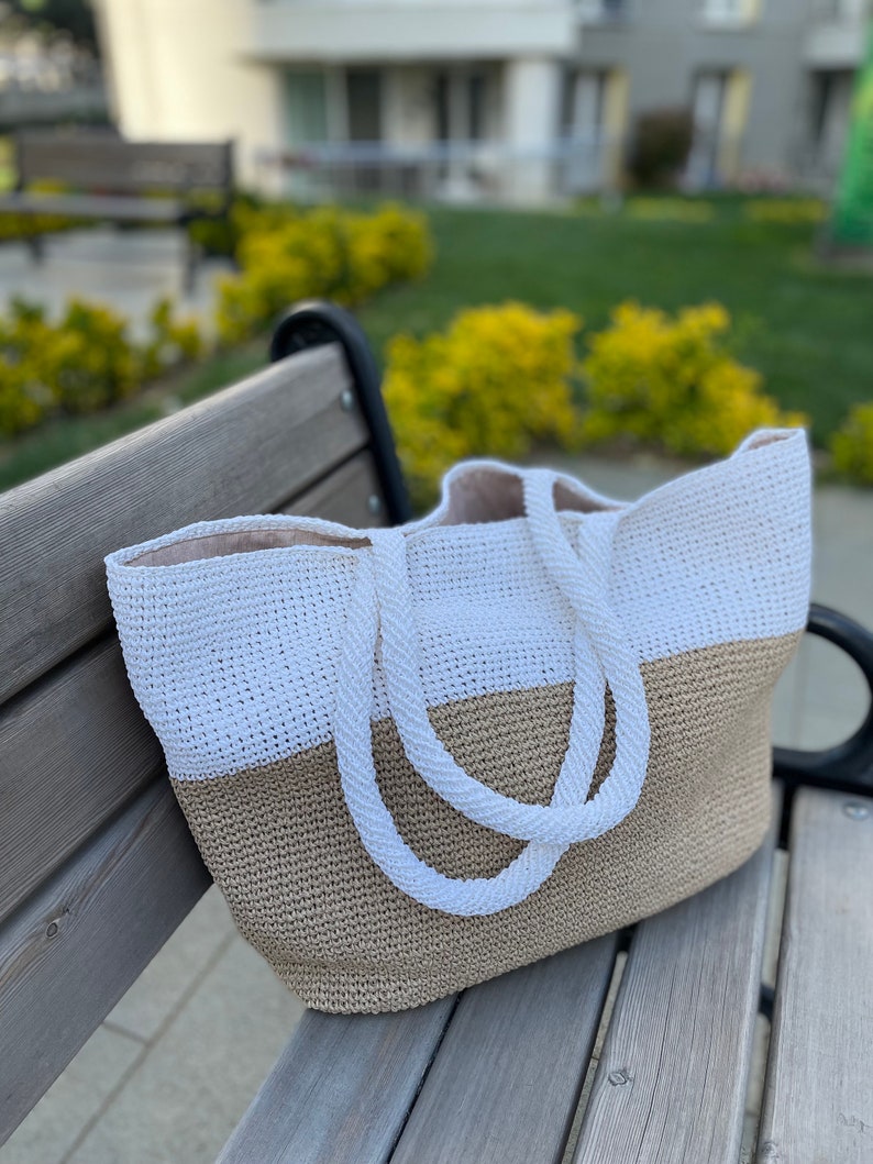 Color block tote Raffia bag for women White and straw purse for summer, beach, shopping image 3