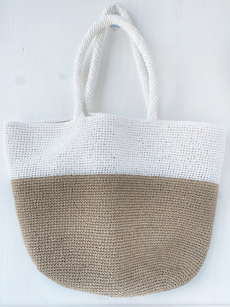 Color block tote Raffia bag for women White and straw purse for summer, beach, shopping white and straw