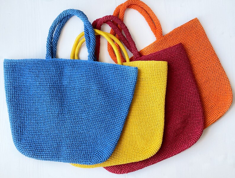 Bright colored tote bag Crochet shopper Raffia market tote handbag image 3