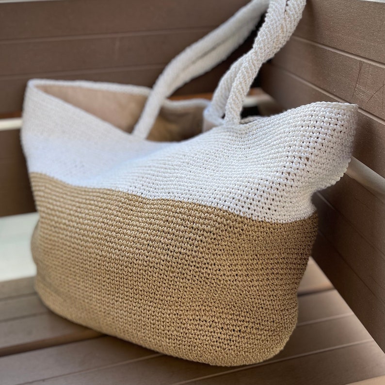 Color block tote Raffia bag for women White and straw purse for summer, beach, shopping image 1