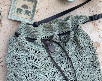 Raffia crossbody drawstring bag Sage green crochet pouch Gift for stepmother