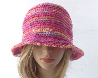 Y2k pink crochet bucket hat Summer outfit for women Handmade gift for millennial