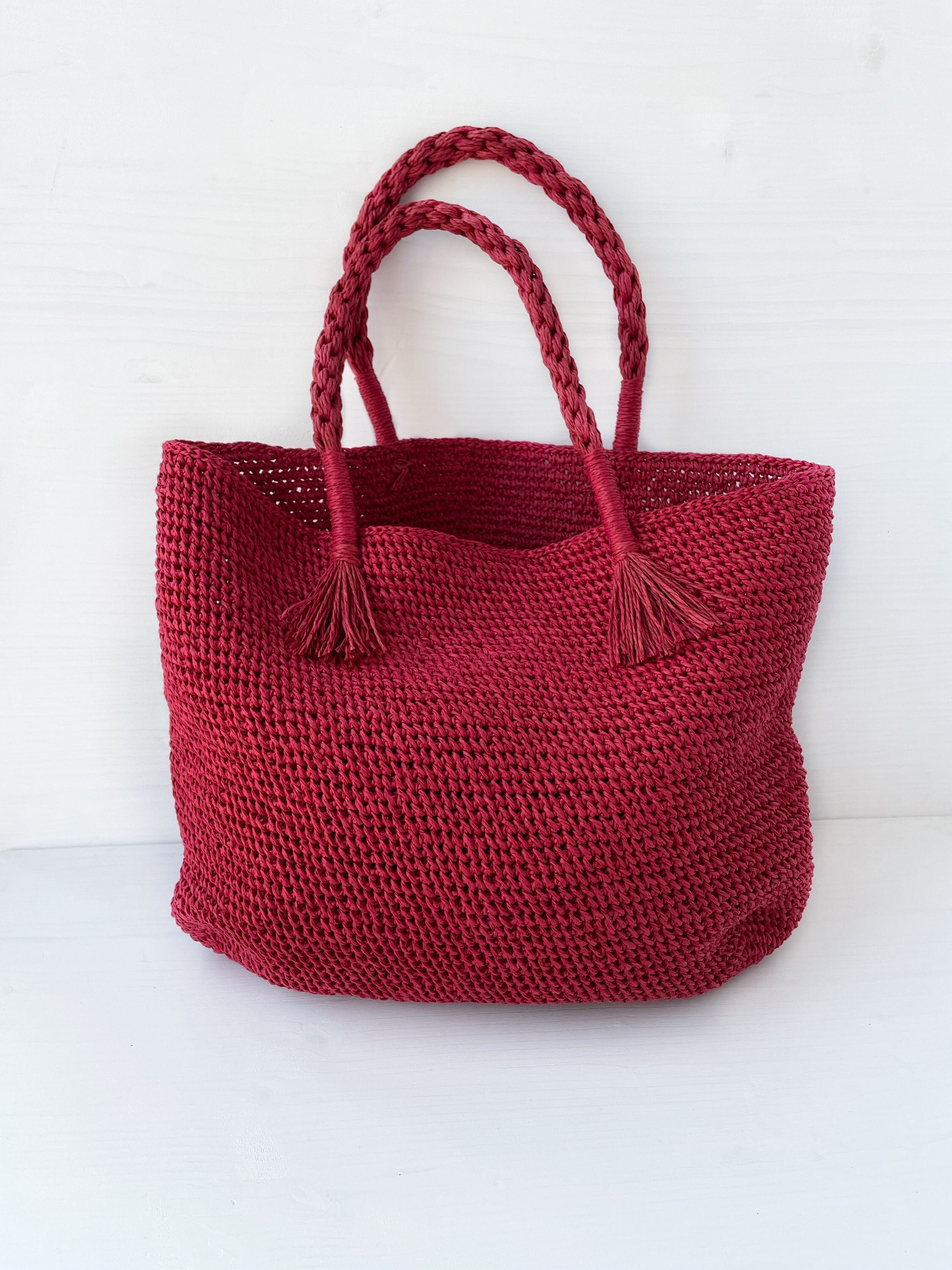 Red Raffia Bag Crochet Tote Bag Handmade Handbag - Etsy