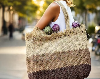 Brown raffia bag with fringe Beach bag Crochet tote