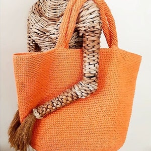 Bright colored tote bag Crochet shopper Raffia market tote handbag orange