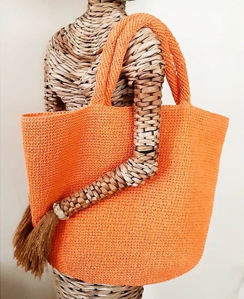 Bright colored tote bag Crochet shopper Raffia market tote handbag orange