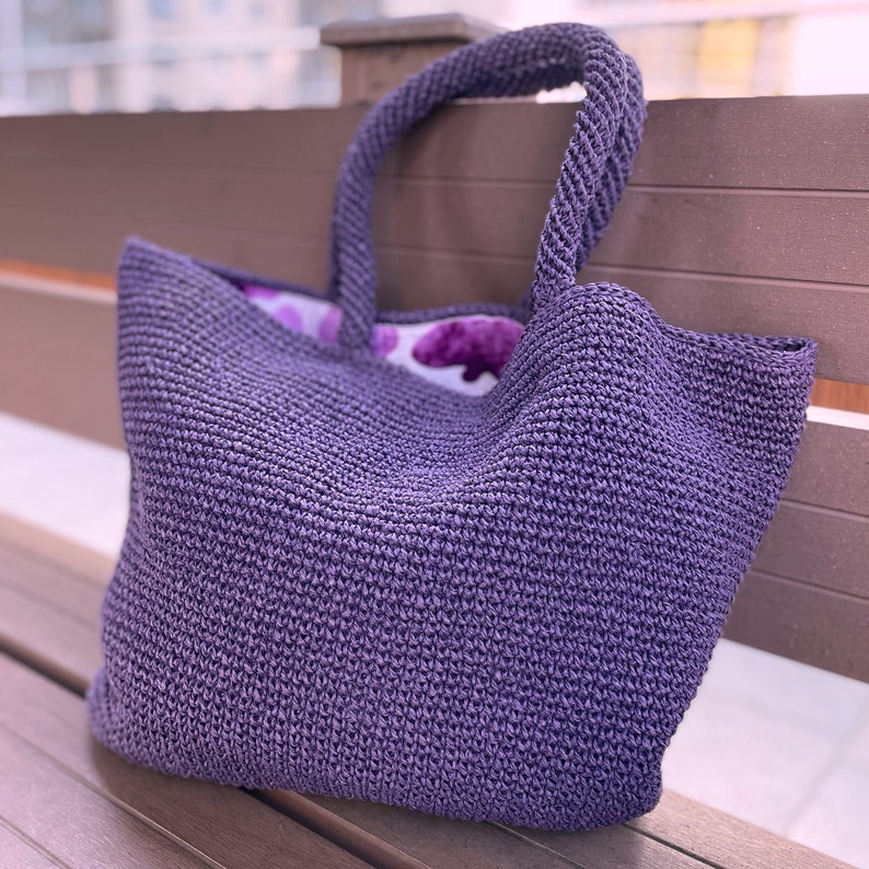 Bright colored tote bag Crochet shopper Raffia market tote handbag purple