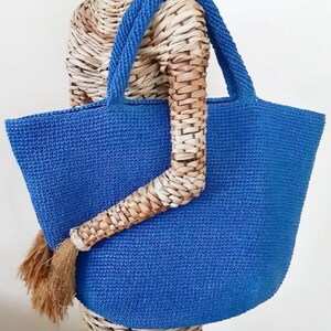 Bright colored tote bag Crochet shopper Raffia market tote handbag royal blue