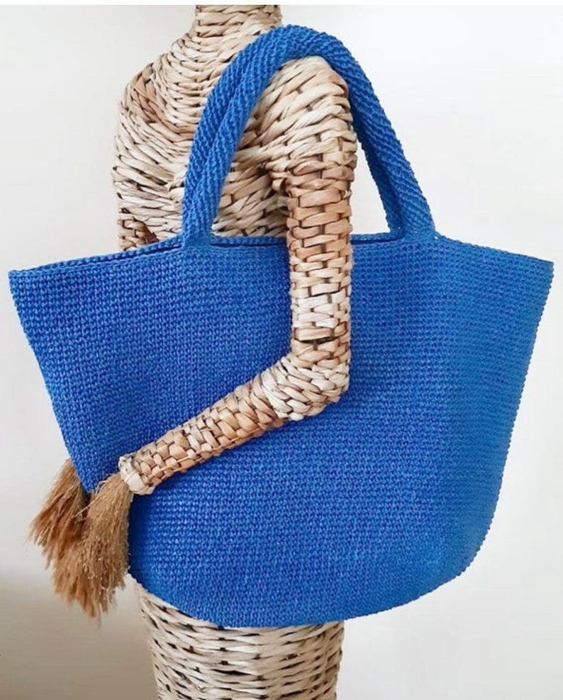 Bright colored tote bag Crochet shopper Raffia market tote handbag royal blue