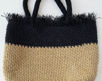 Color block handbag Crochet raffia tote bag Beige and black
