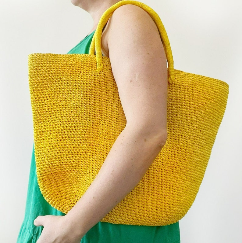 Bright colored tote bag Crochet shopper Raffia market tote handbag yellow
