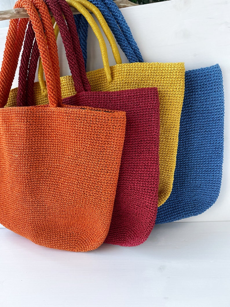 Bright colored tote bag Crochet shopper Raffia market tote handbag image 1