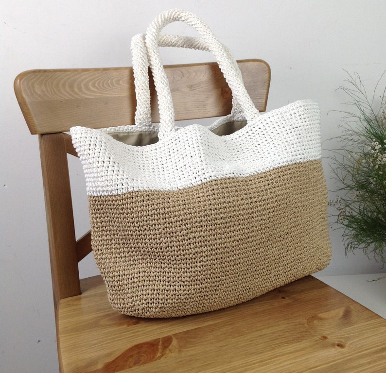 Color block tote Raffia bag for women White and straw purse for summer, beach, shopping image 5