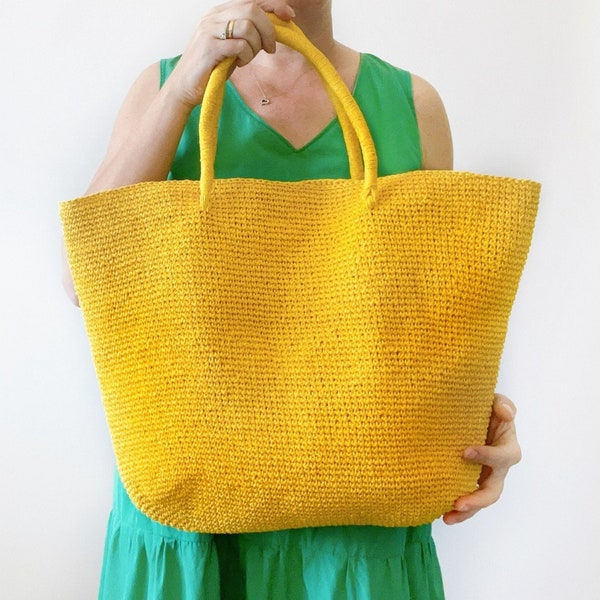 Yellow raffia bag Crochet beach tote Summer knit bag with lining Handmade shoulder bag