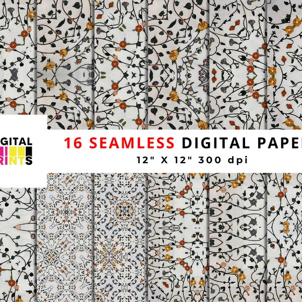 Flowered Design Digital Paper Pack, Flowered Pattern, Seamless Flowered Textures, Commercial Use