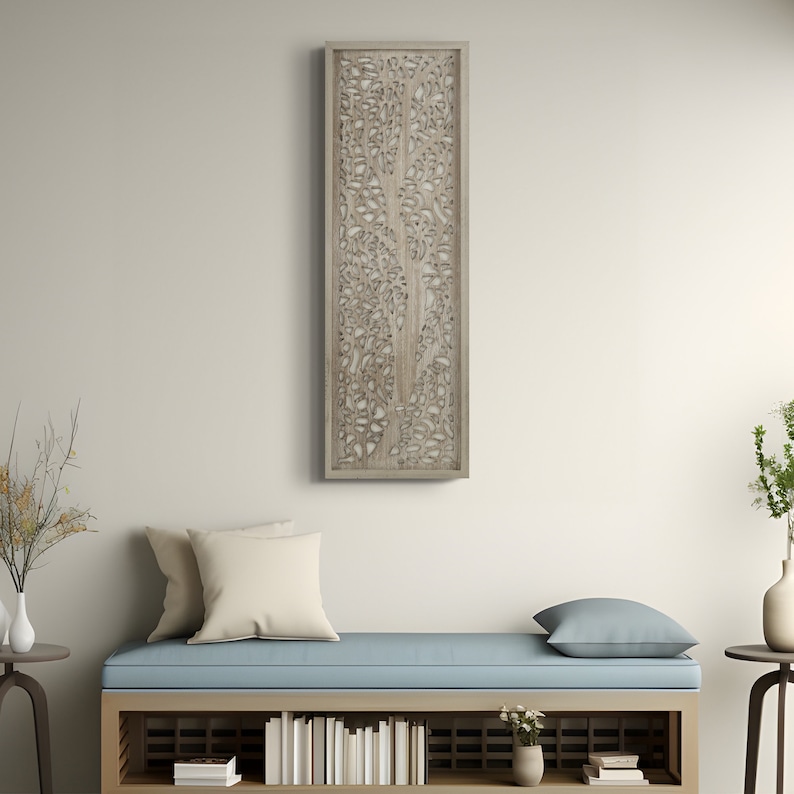 Framed Wooden Tree Wall Decor Carved Wood Panel Wall Art Elegant Botanical Living Room Bedroom