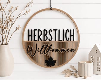 Moderner Herbstkranz | Skandinavische Wanddeko Herbst | Minimalistischer Dekoring mit Schriftzug „Herbstlich Willkommen“ | Türdeko | Fenster