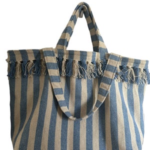 XXL Shopper Schultertasche Umhängetasche Strandtasche Badetasche Markttasche Einkaufstasche Boho blau Streifen handmade recycelte Baumwolle