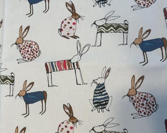 Handmade table runner with many rabbits in a linen look, great design, runner, table band, tablecloth, centerpiece, country style, Easter decoration, country style